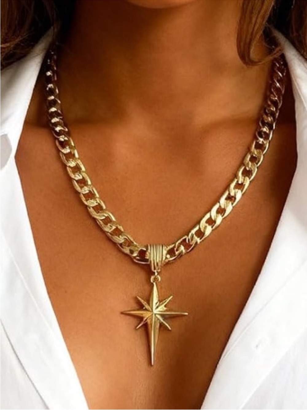 New 24k Gold Plated Starburst Compass Pendant Chunky Chain Necklace